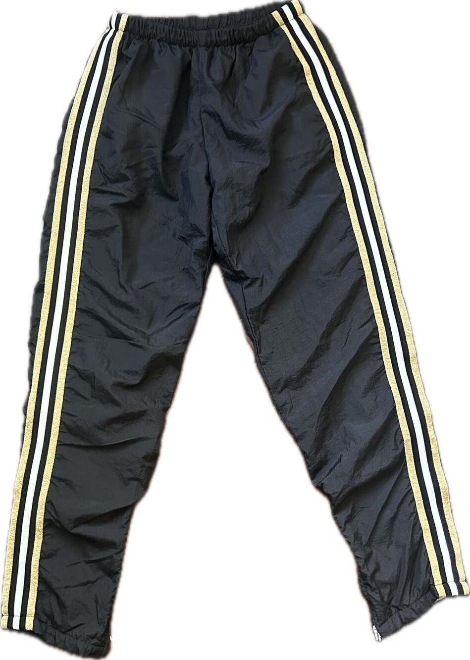 Vintage 90s Nylon Windbreaker Track Pants with Gold Glitter Stripes & Ankle Zip